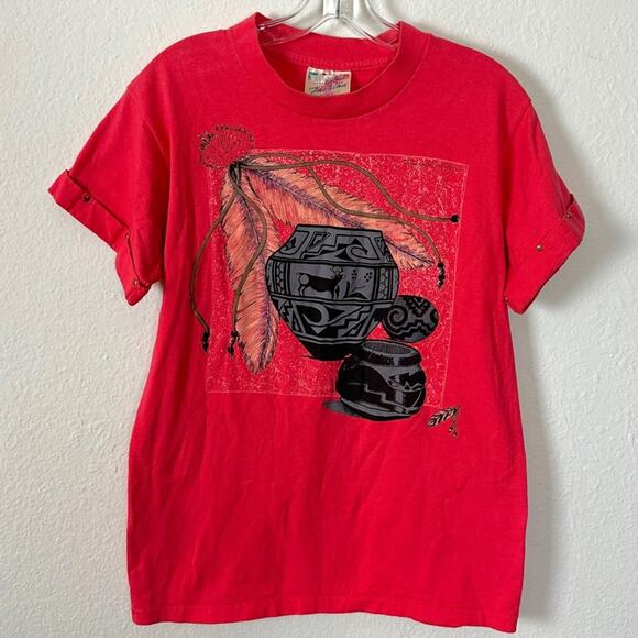 Vintage Southwestern Western Aztec Studded Single Stitch Tee T-Shirt Hazelwood M - Picture 1 of 13